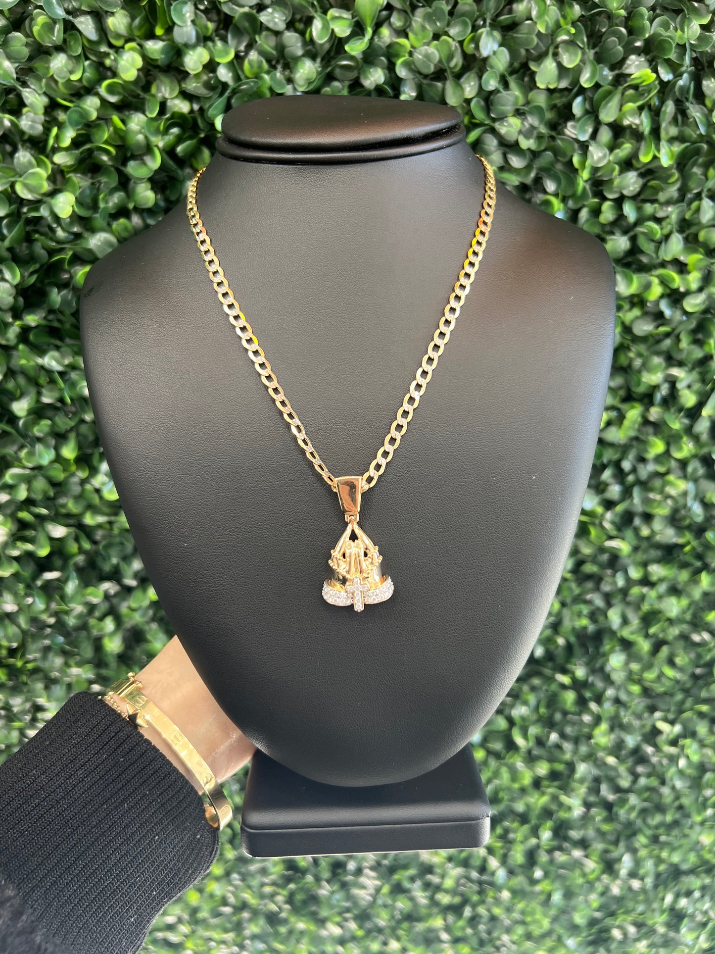 14k Two Tone Solid Cuban Chain & Hands Pendant