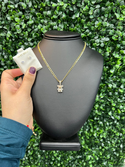 10k Diamond Teddy Pendant & Cuban Chain