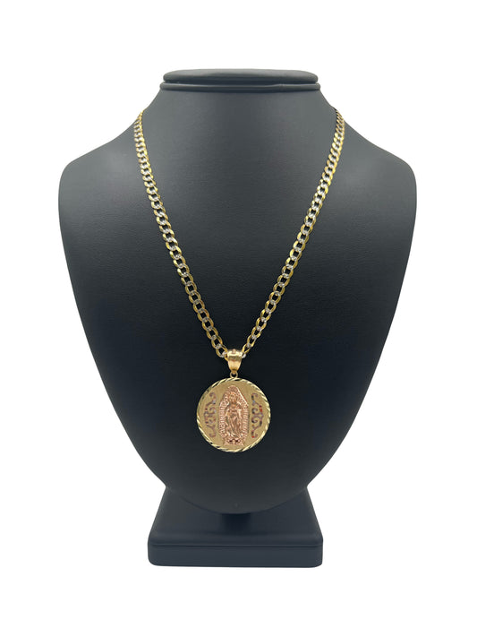 14k Solid Two Tone Cuban Chain & Virgin Marry Pendant