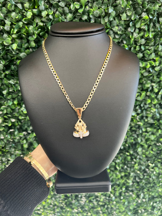 14k Two Tone Solid Cuban Chain & Hands Pendant