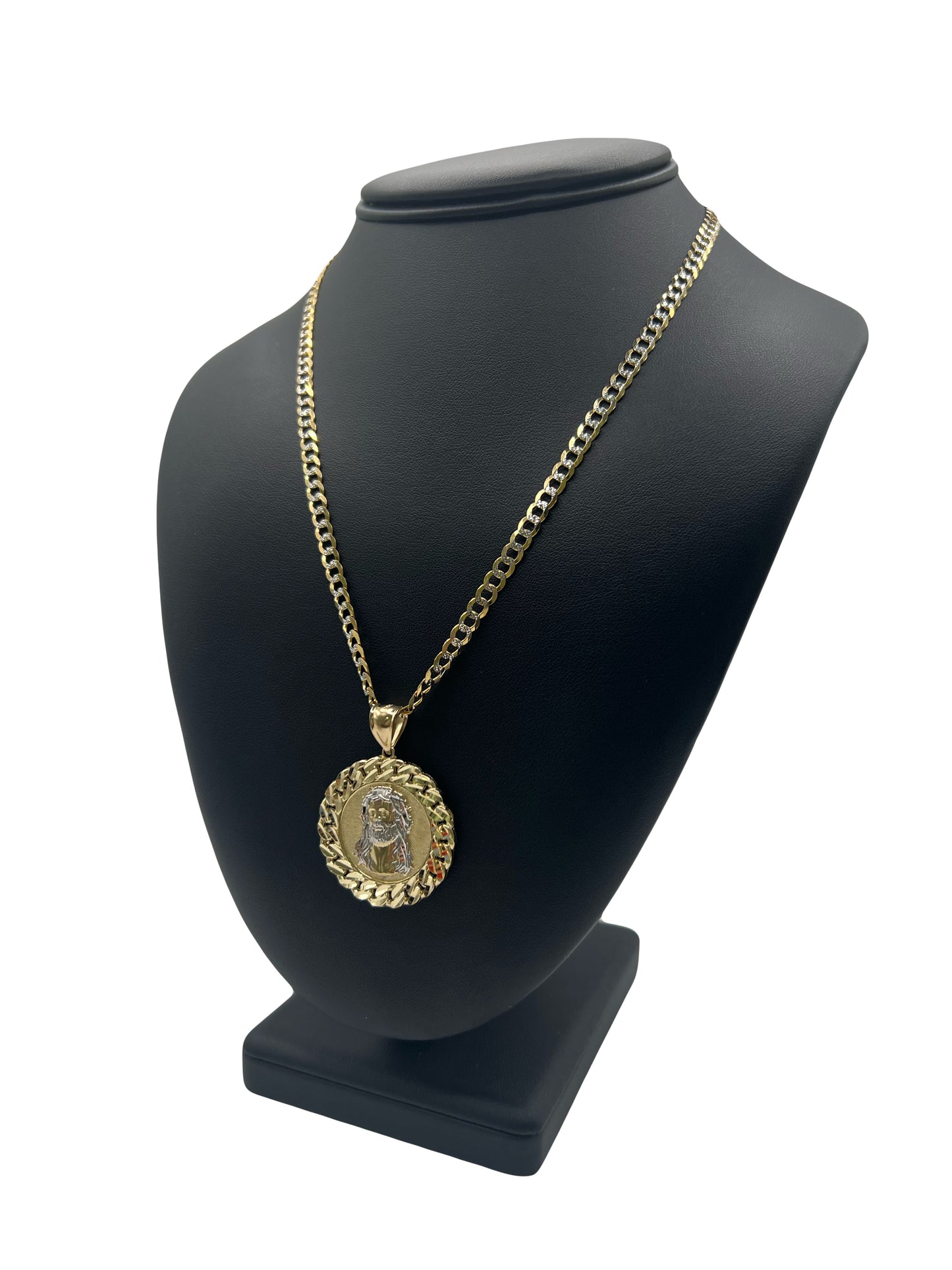 14k Solid Two Tone Cuban Chain & Jesus Pendant
