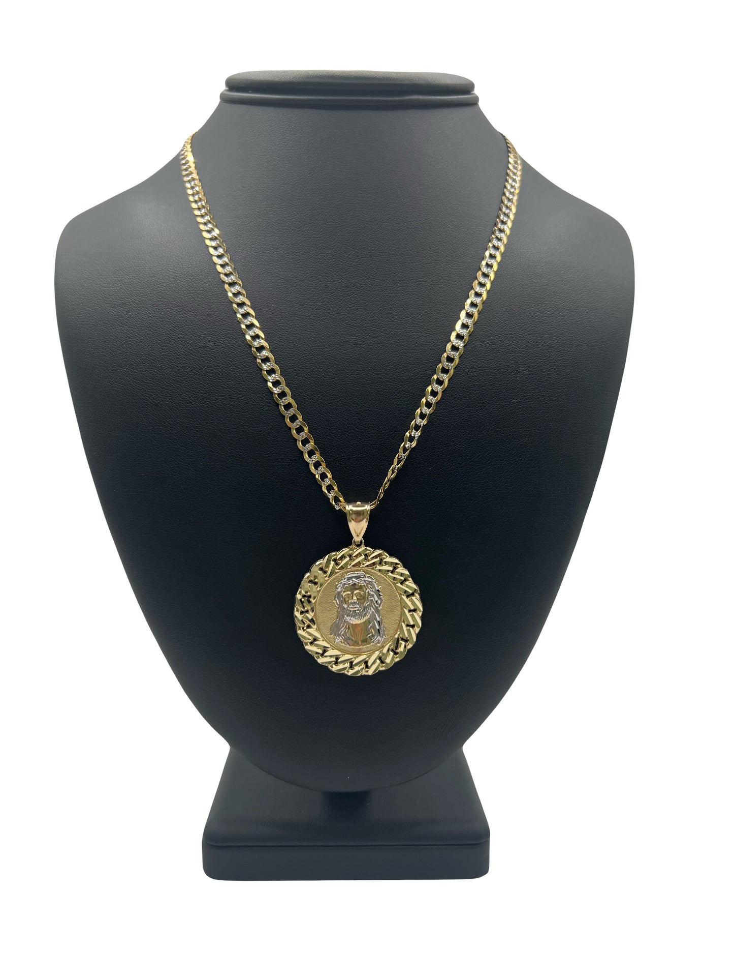 14k Solid Two Tone Cuban Chain & Jesus Pendant