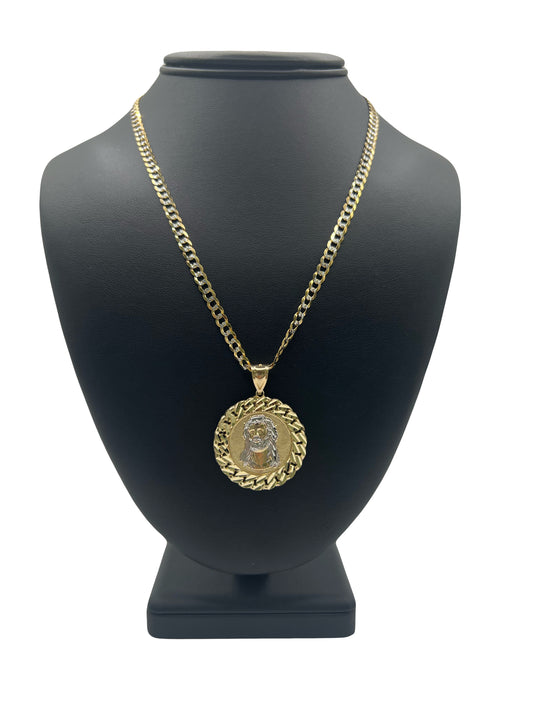 14k Solid Two Tone Cuban Chain & Jesus Pendant