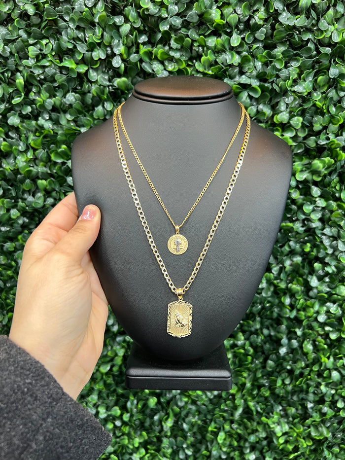 14k combo of Cuban Chain & Saint Jude Pendant & Two Tone Chain & Praying Hands Pendant