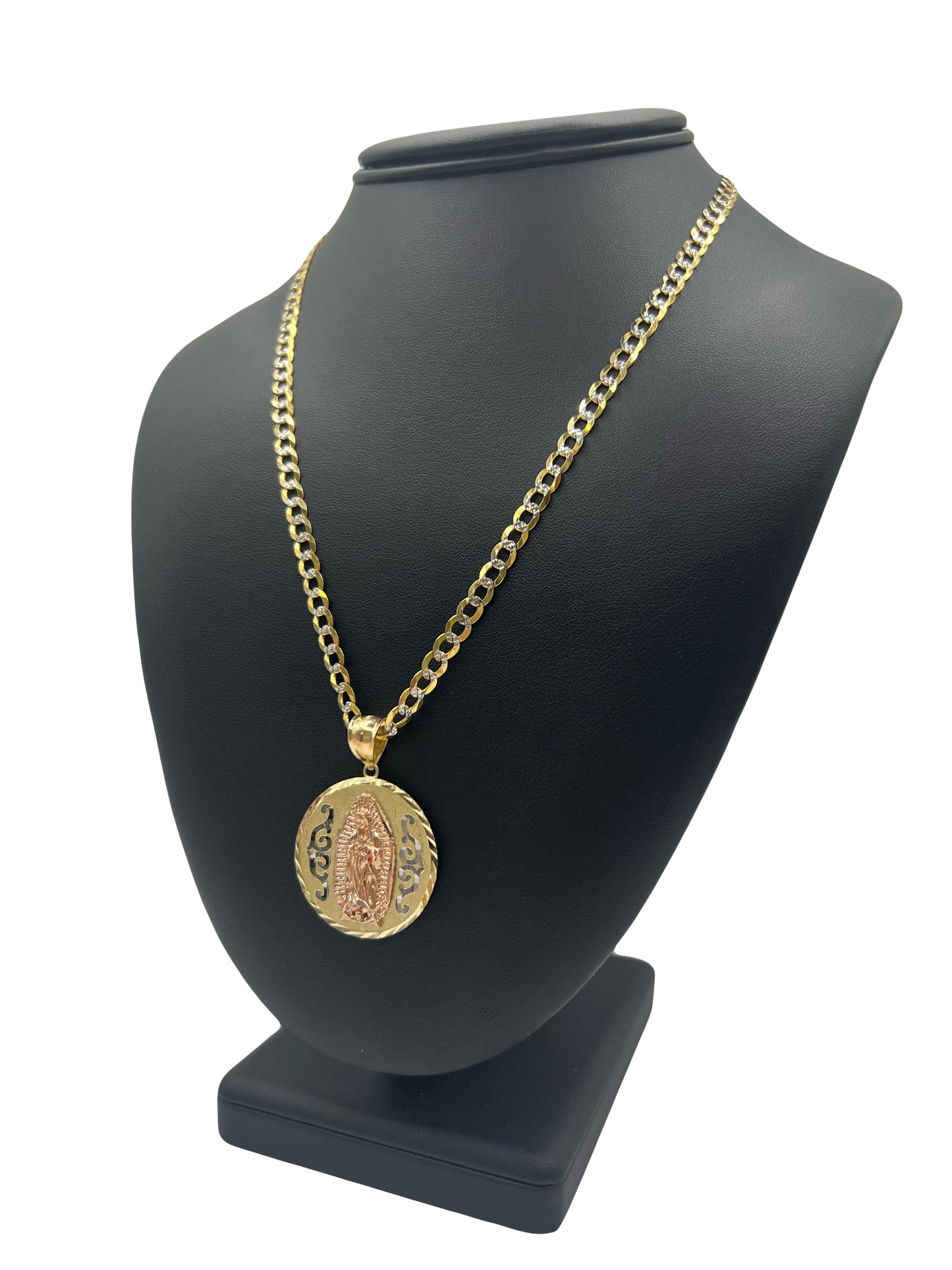 14k Solid Two Tone Cuban Chain & Virgin Marry Pendant